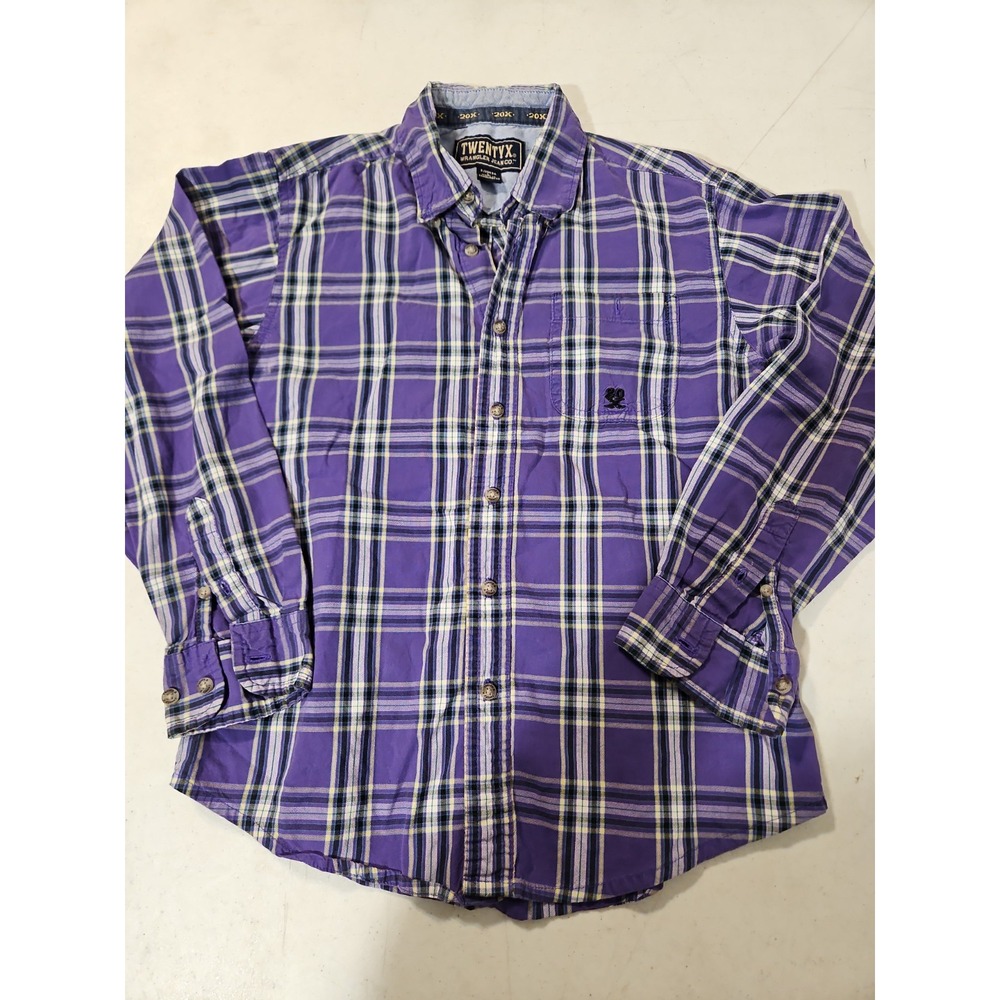 Wrangler 20X Youth Large 17" Chest Purple Plaid Western Button Down Oxford (343
